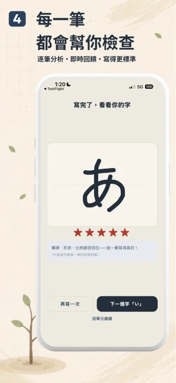 日日一字評分畫面,顯示剛寫好的「あ」與五顆星評價,說明筆順、形狀、比例都很到位,並提示升級後可看每一筆的詳細拆解
