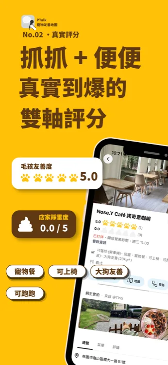 PTalk 寵物友善地圖店家詳情,顯示抓抓友善度5.0與便便雷度0.0雙軸評分及寵物餐、可上椅等標籤