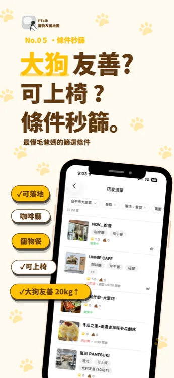 PTalk 寵物友善地圖篩選畫面,以可落地、咖啡廳、寵物餐、可上椅、大狗友善20kg以上等條件篩出店家清單